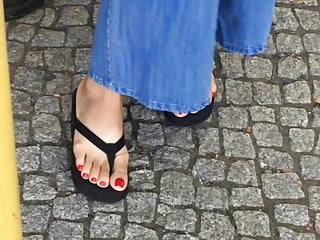 public adorable asian feet red toes to cum on