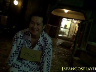 Japanese babe jerking in group