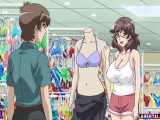 Huge titted hentai brunette gives head