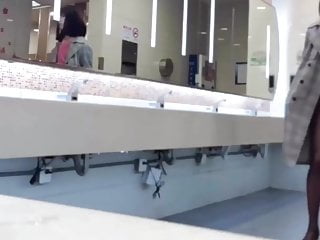 CD tranny, risky dick flashing in women&rsquo;s restroom, cum