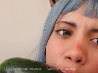 Cute teen gets turned on by a cucumber and starts giving it a blowjob like it’s your dick.