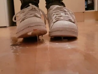 Stepping & Spitting In Well Worn White Adidas Trainers and Gold Boots