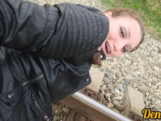 sweet blowjob hot and sex in anal with a beautiful girl while walking on the railway