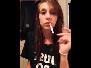 Incredible young brunette babe smoking corks