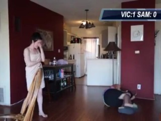 GF and her friend trick guy for hard ballbusting knee on video.