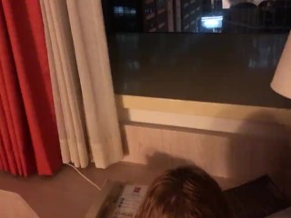 Exhibitionist girlfriend in tights gets fucked at hotel window