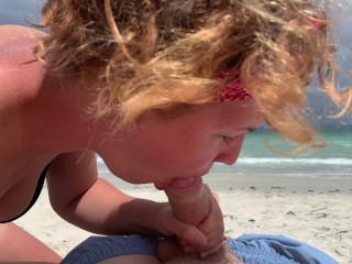 Deep blowjob on the beach, girl in bikini sucking cock, cum mouth outdoors